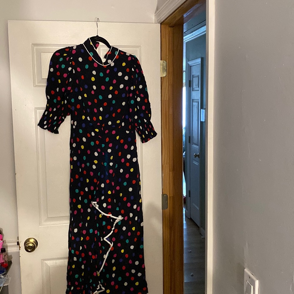 - Polka Dot Mock Neck Cascade Ruffle Dress